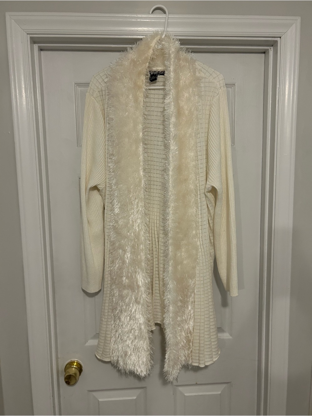 Lauren Michelle Cream Faux-Fur Trim Open Cardigan